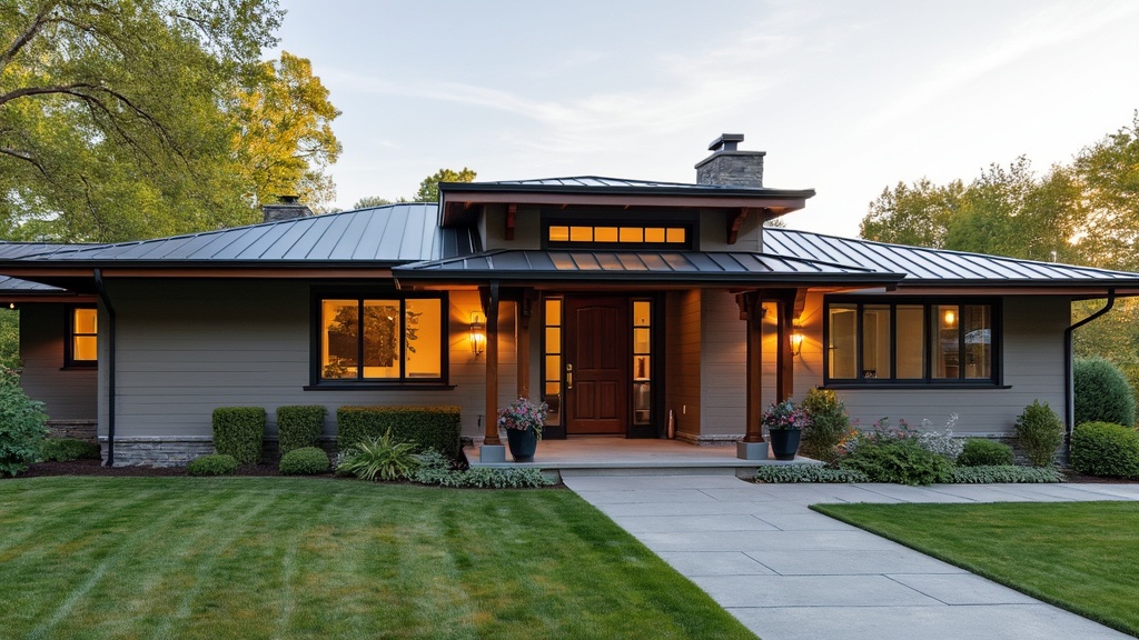A 70s ranch home with modern gables, a mix of flat and angled roofs, and sleek metal roofing.
