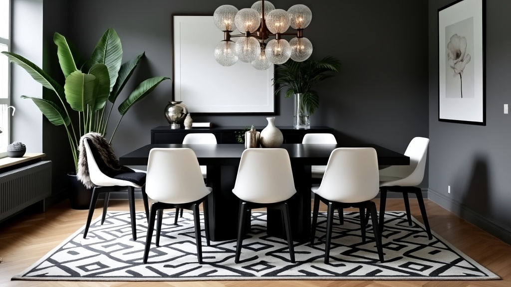 Sophisticated monochromatic dining room with black table, white chairs, gray walls, and unique chandelier.