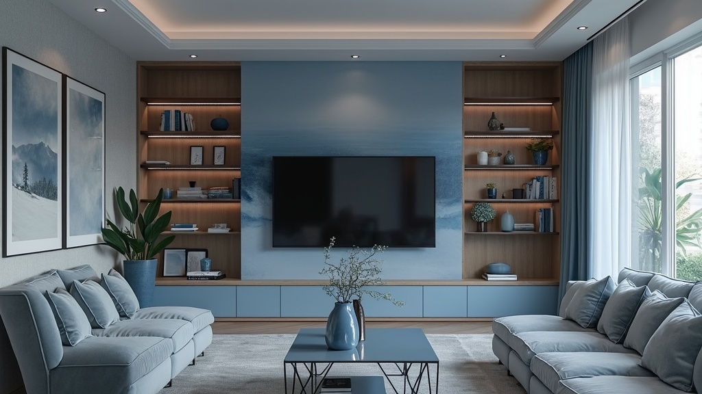 Elegant living room with a monochromatic blue color scheme harmonizing artwork, shelves, and TV decor.