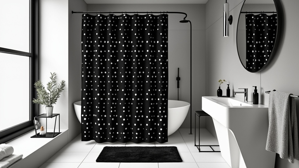 Monochromatic black and white bathroom featuring a stylish shower curtain, chrome fixtures, and luxe towels.