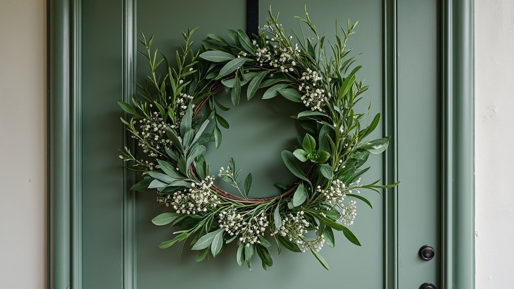 Monochrome green wreath with rosemary and eucalyptus, featuring white baby's breath for a fresh look.