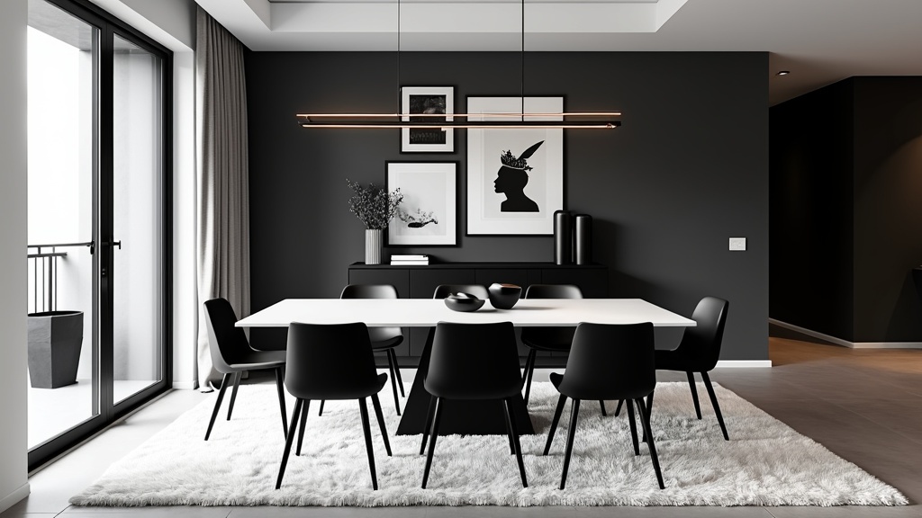 Monochrome dining room with white table, black chairs, silver accents, pendant lights, and plush rug.