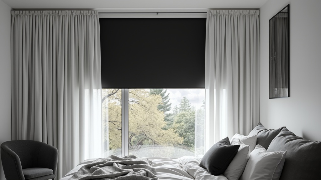 Monochrome bedroom with white curtains and black roller blinds, creating a modern, airy aesthetic.