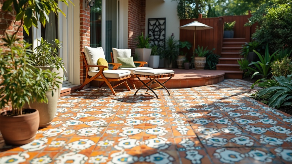 A creative mosaic patio design using colorful, inexpensive tiles arranged in geometric patterns.