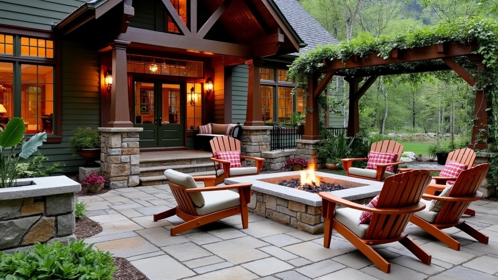 Patio with natural stone, Adirondack chairs, central fire pit, blankets, and climbing plants under a trellis.