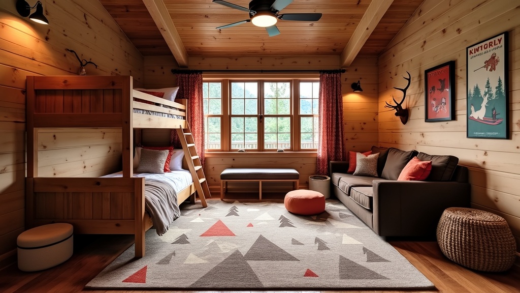 Children's room in a mountain lodge style with wood paneling, bunk bed, nature decor, and cozy lighting.