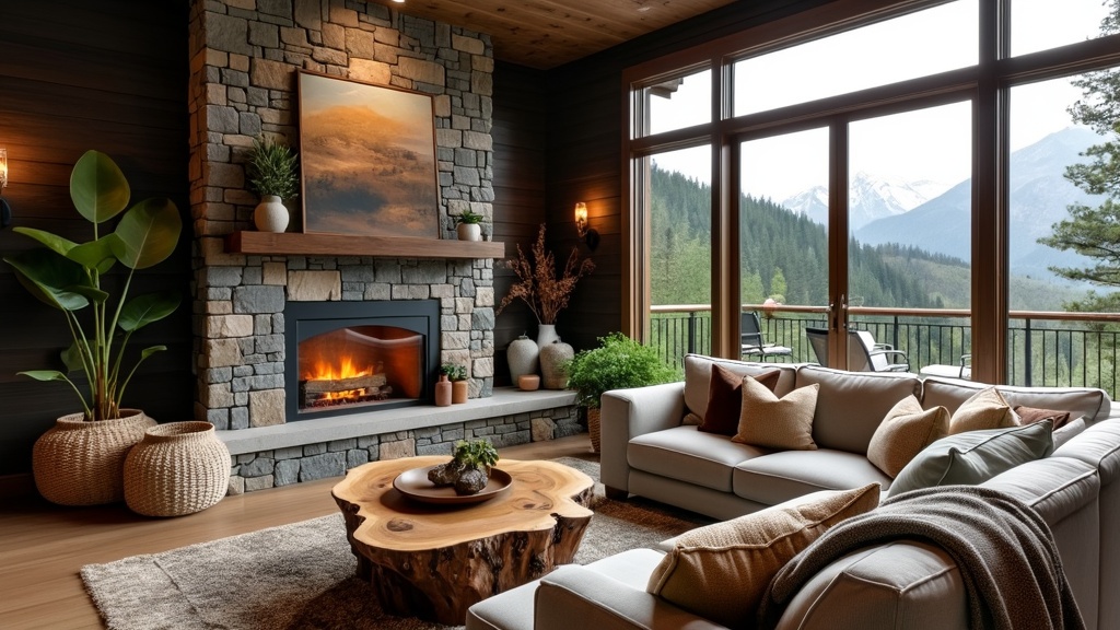 Mountain retreat living room with stone fireplace, dark timber walls, earthy colors, and plush seating.