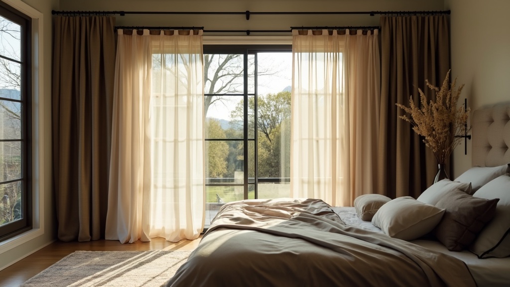 Sliding glass door with a multi-rail system showcasing layered curtains for versatile room atmospheres.
