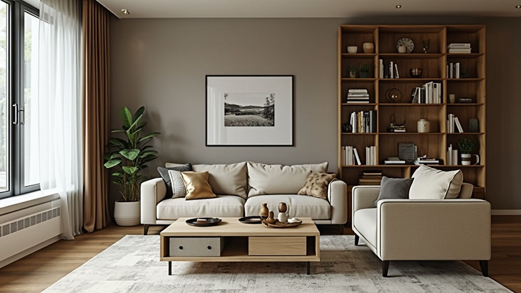 Multifunctional living room furniture, including storage coffee tables and sofa beds, maximizing space.