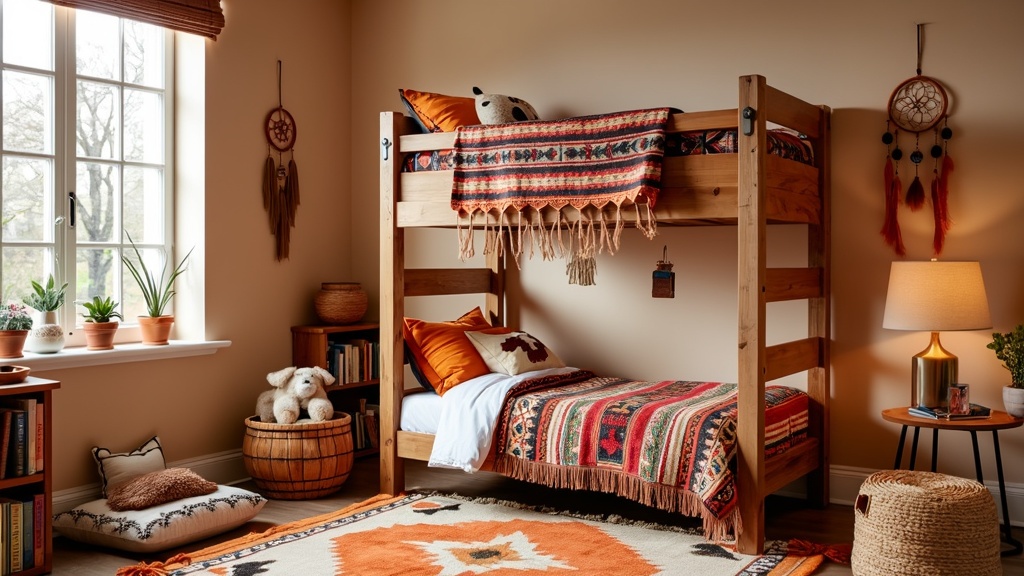 Children's room featuring clay beige walls, handcrafted furniture, vibrant blankets, and cultural decor elements.