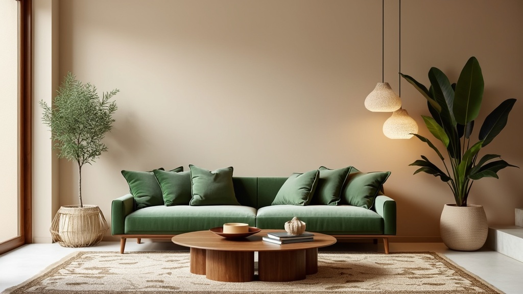 Natural Elegance living room with beige walls, moss green sofa, wood furnishings, plants, and unique lighting.