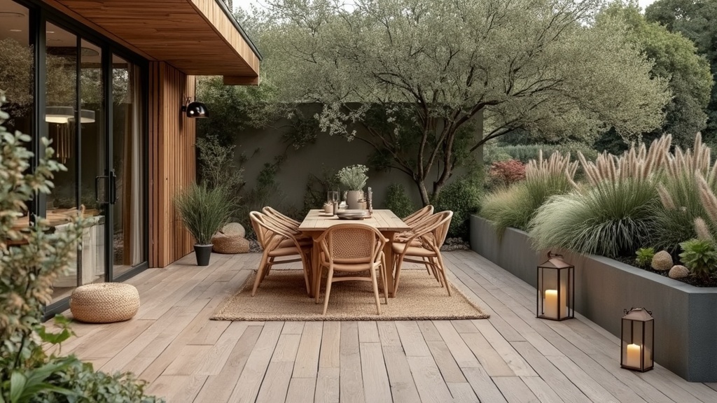 Scandinavian patio with wood composite flooring, earth tone decor, handmade table, natural plants, and lanterns.