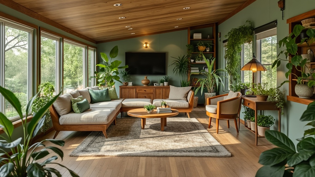 Living room design featuring earthy colors, natural wood, plants, and large windows for nature views.