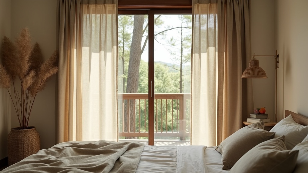 A serene bedroom with earthy-toned linen curtains, wooden rod brackets, and a calming natural ambiance.