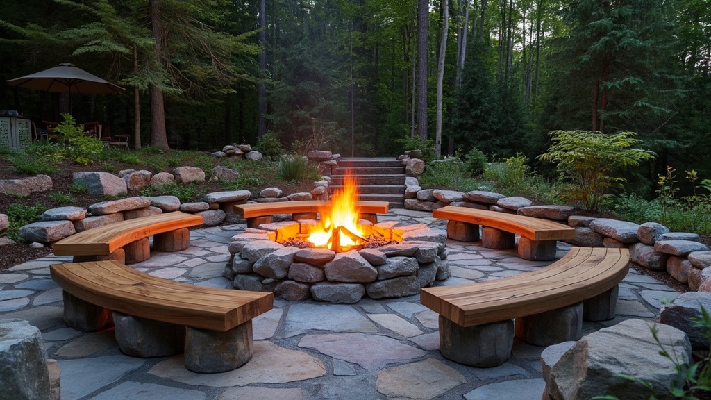 Natural rock fire pit with local stones, rustic charm, circular seating, cozy outdoor atmosphere.