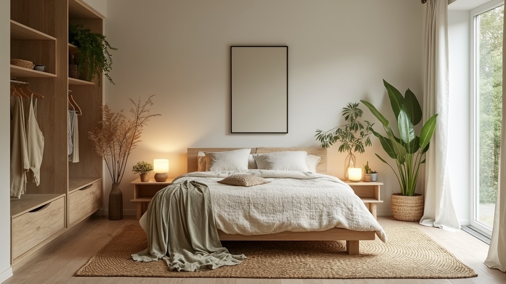 Scandifornian bedroom with light wood furniture, soft greens, minimalist bed, ceramic lamps, and plants.