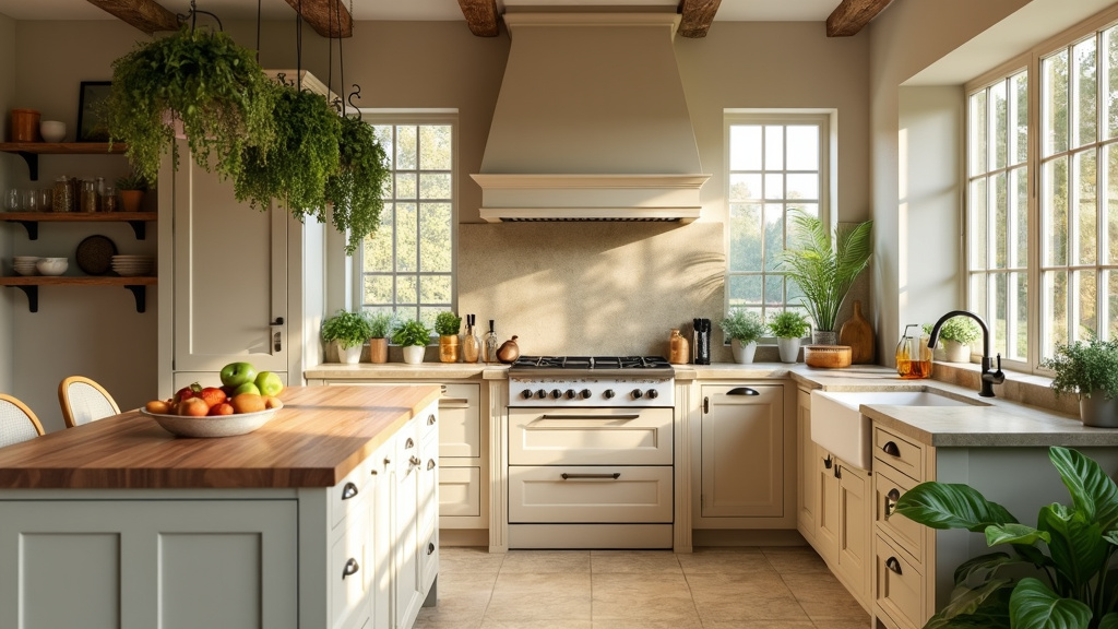 Cozy kitchen with beige cabinetry, stone countertops, large sink, sunlight, and hanging green herbs.