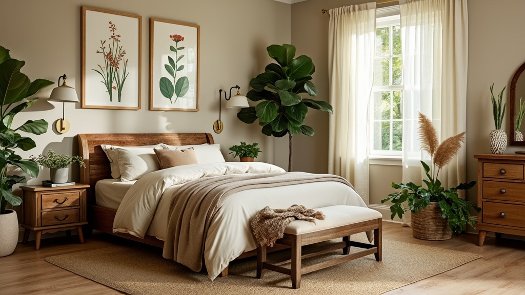 A serene nature-inspired bedroom with reclaimed wood furniture, vintage botanical prints, and lush plants.