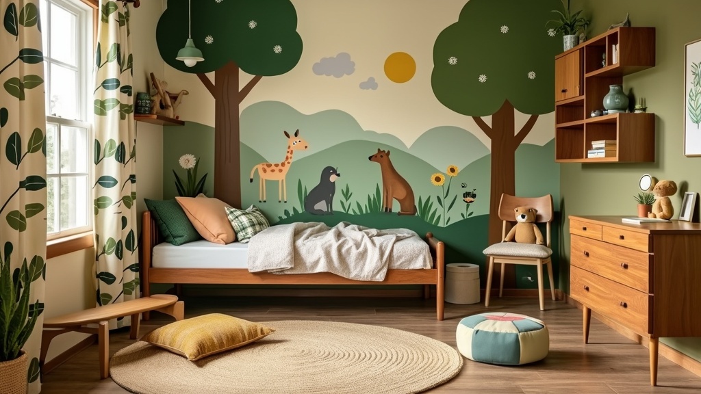Mid-century modern children's room with olive green walls, wooden accents, nature mural, and cozy decor.