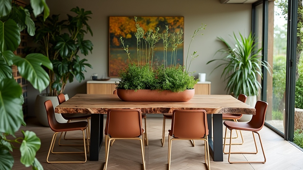Nature-inspired dining room with earthy tones, live edge wood table, greenery, and natural light.