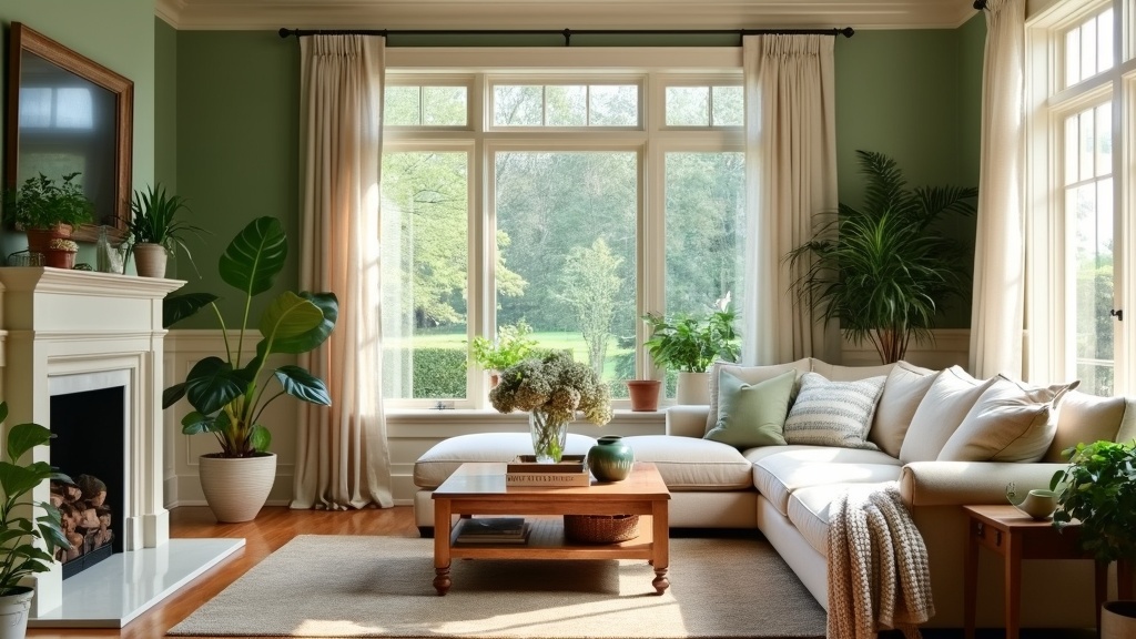 Nature-inspired living room with sage green walls, beige wainscoting, plush sectional, and potted plants.