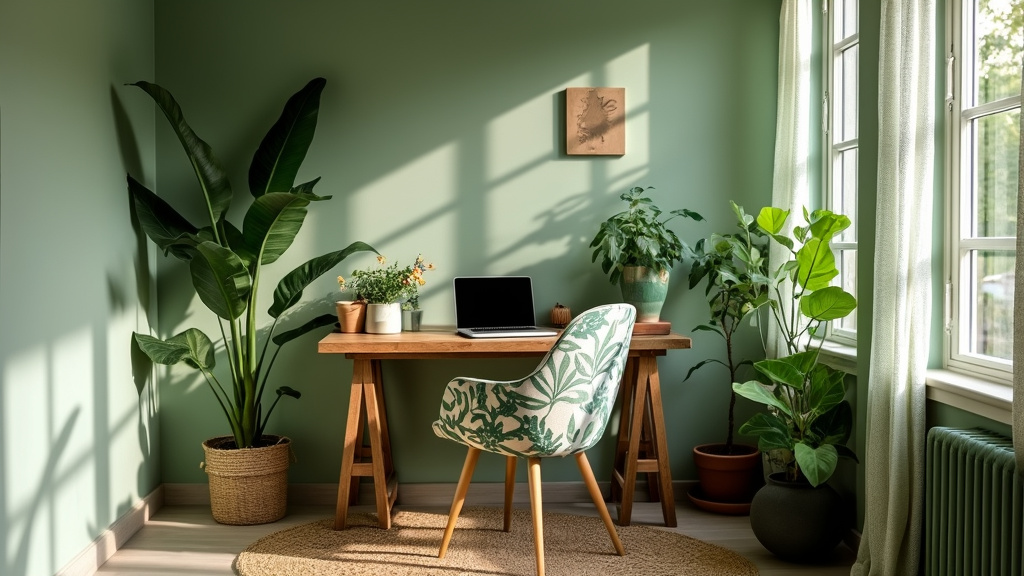 Nature-inspired workspace with sage green walls, reclaimed wood desk, leaf-patterned chair, and plants.