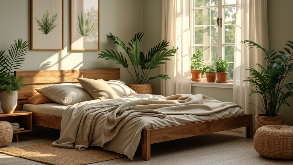 A calming nature-inspired bedroom with earthy tones, wooden bed, plants, and sheer linen curtains.