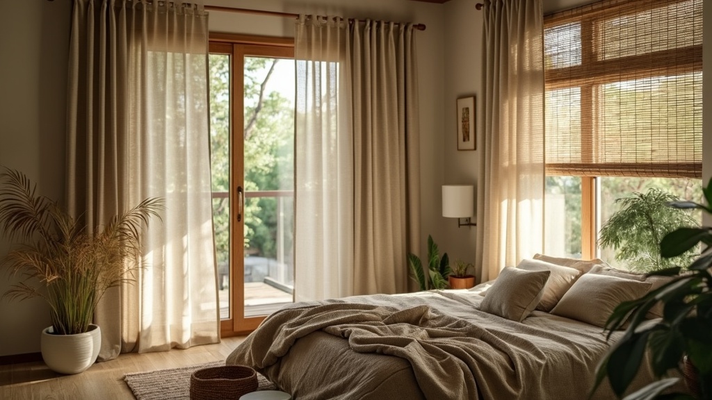 A serene bedroom featuring nature-inspired curtains, bamboo blinds, and natural wood accents in earthy tones.