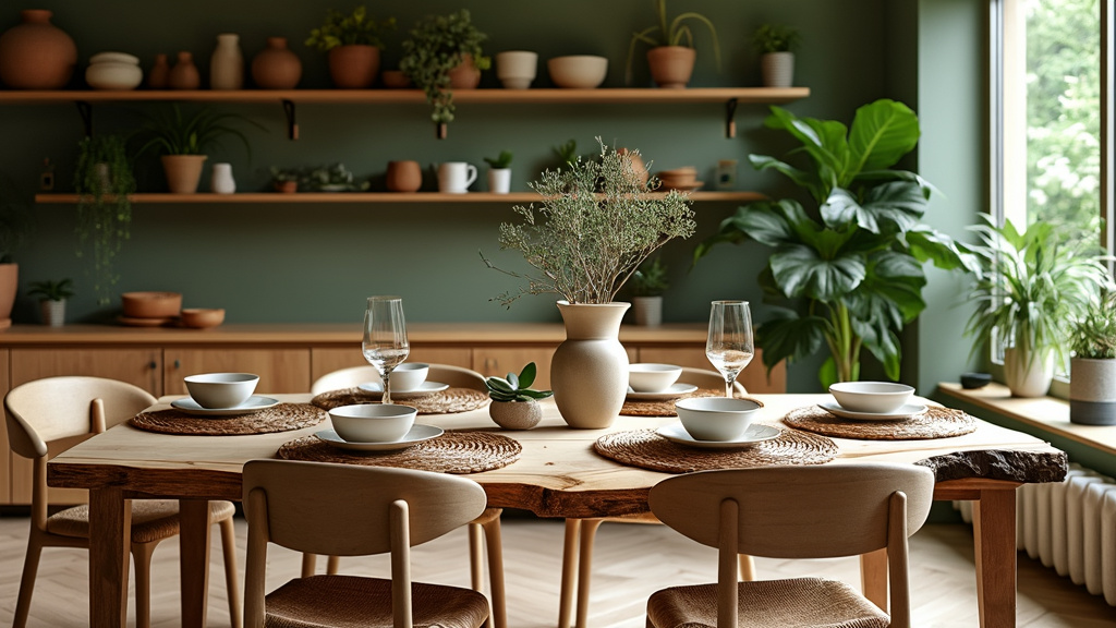 Earthy dining space with rustic wooden table, natural chairs, plants, and woven textures for mindfulness.
