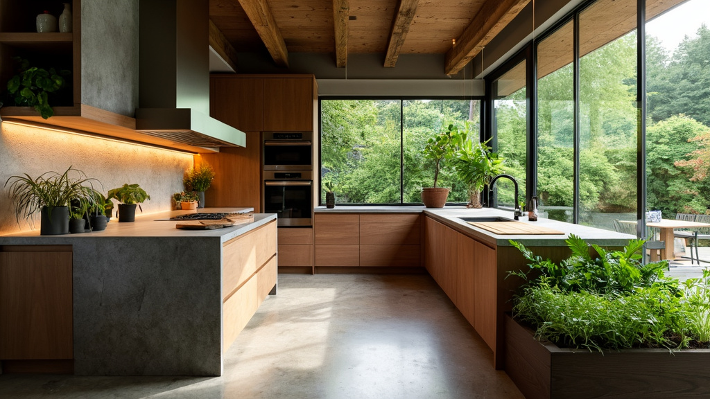 A serene kitchen featuring earthen tones, stone, reclaimed wood, plants, and large windows for natural light.