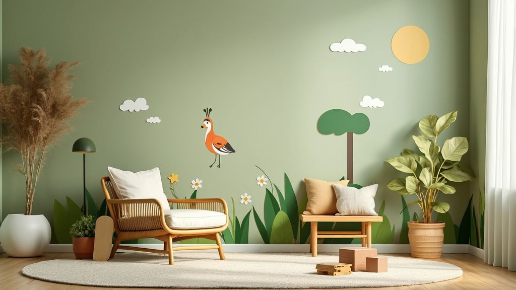 A minimalistic children's room features bamboo furniture, sage green walls, and a nature-themed mural.
