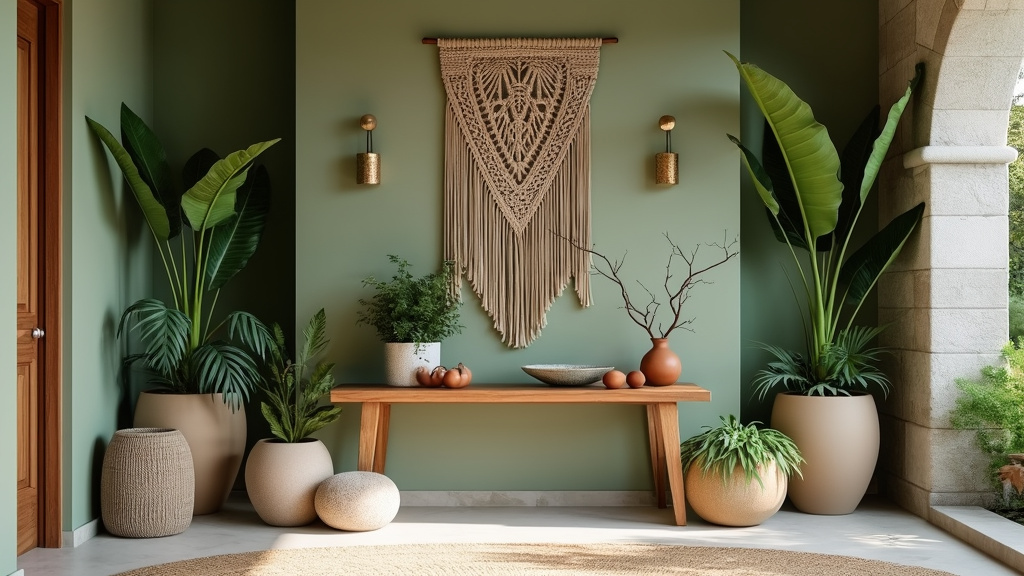A cozy indoor nook with a hammock chair, earthy tones, stone accents, and a small water fountain.