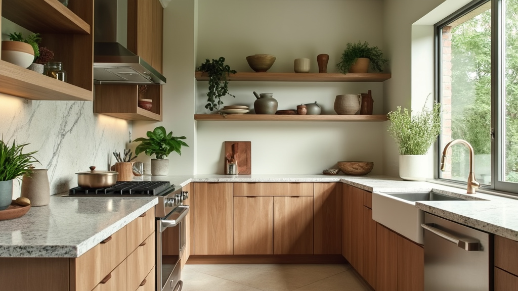 Organic Modern kitchen with earthy colors, natural wood cabinets, open shelving, and quartz countertops.