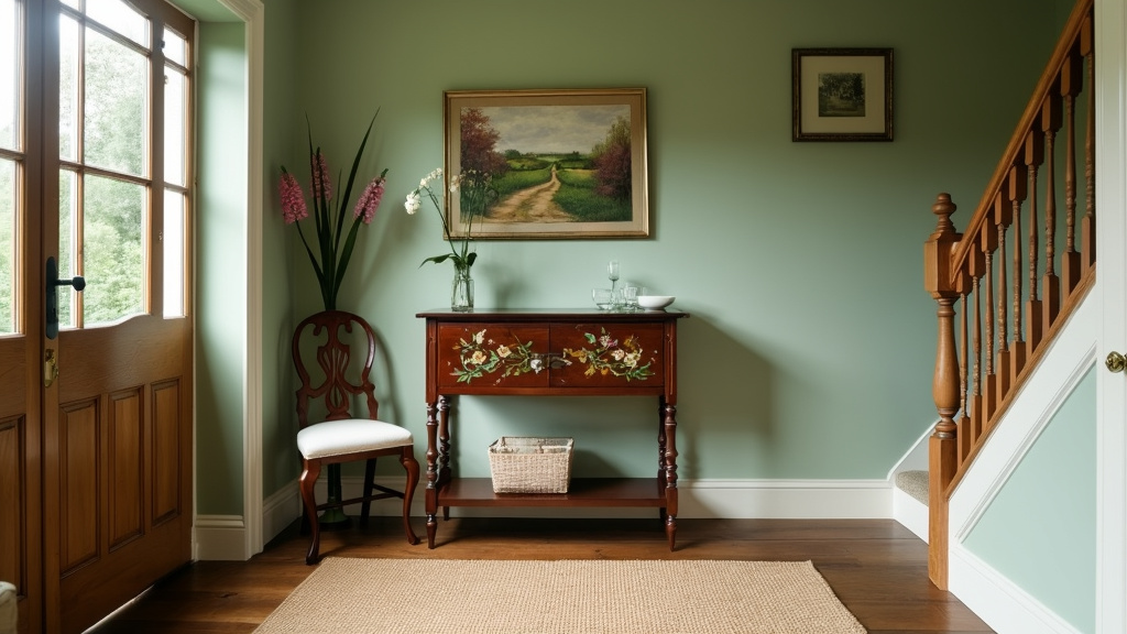 Elegant entryway with muted green walls, wooden accents, vintage coat stand, and landscape painting.