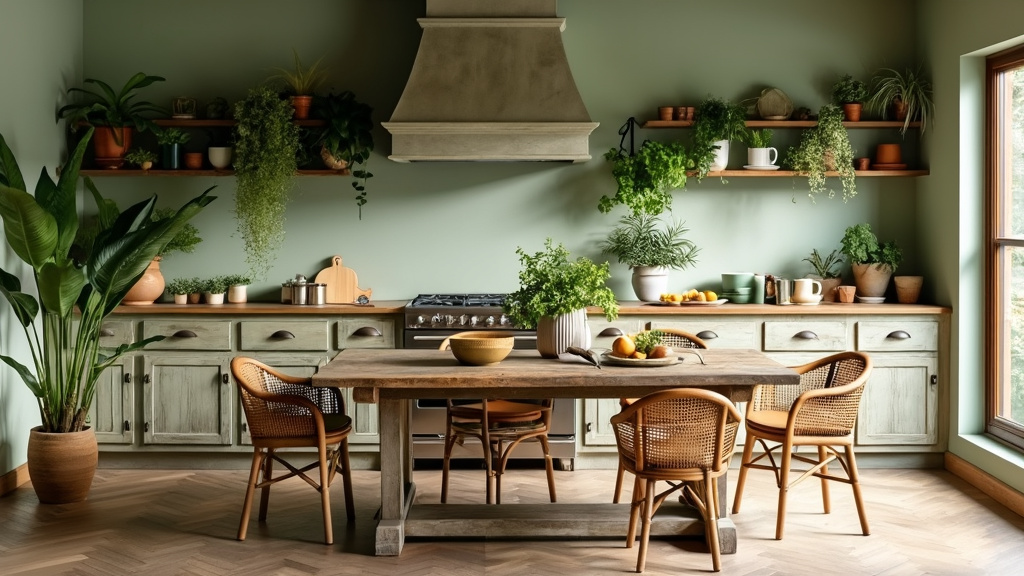 Bohemian kitchen with distressed cabinets, soft sage walls, abundant plants, and a reclaimed wood table.