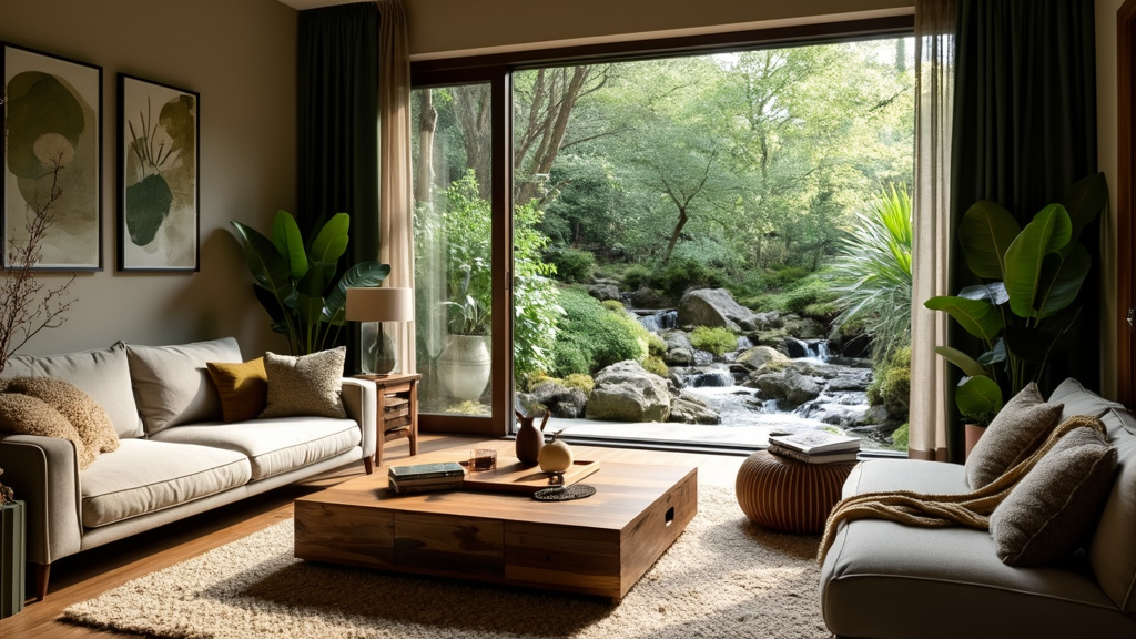 Living room design with forest greens, reclaimed wood furniture, large window, rock garden, and water feature.