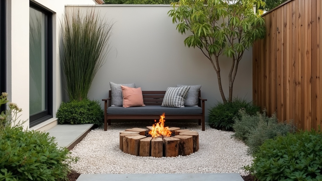 Minimalist patio with reclaimed wood fire pit, gravel, and nestled plants for a natural, uncluttered feel.