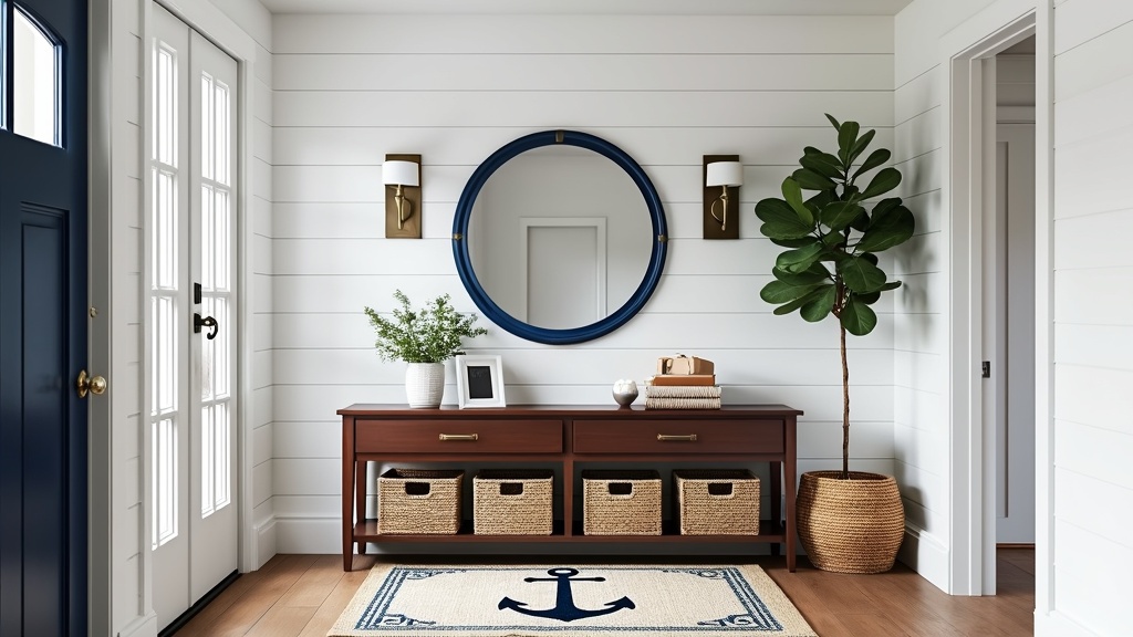Sophisticated nautical entryway with navy and white decor, wooden accents, mirror, and coral accents.