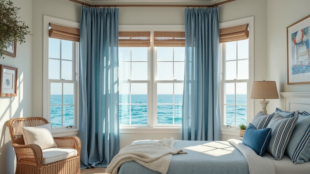 Nautical-themed curtains with stripes and anchors for a breezy, coastal-inspired bedroom bay window.