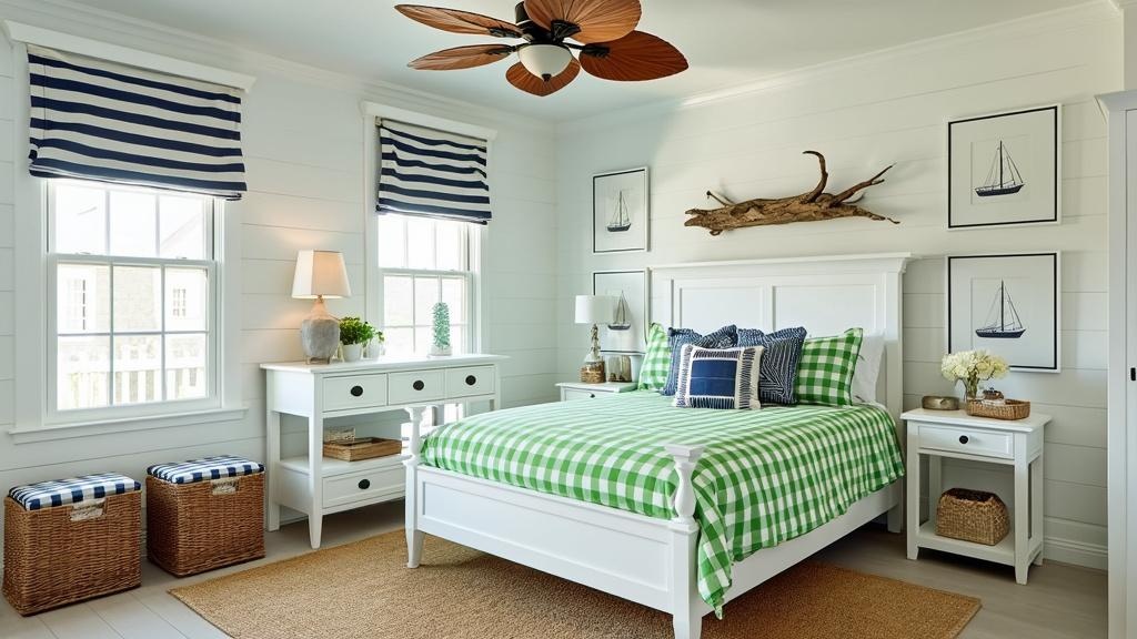 Nautical bedroom featuring green gingham bedding, white furniture, navy throw pillows, and driftwood decor.