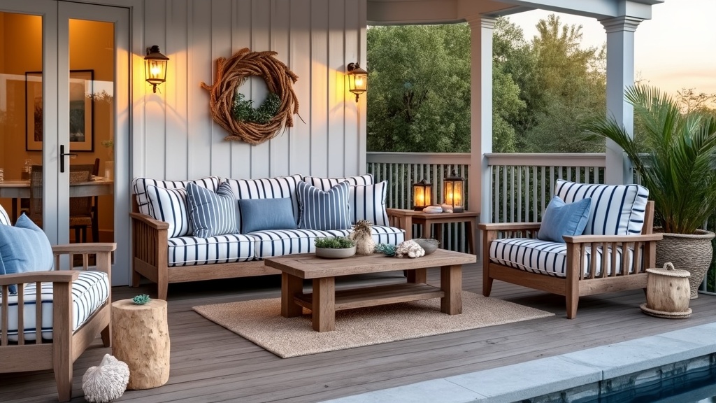 Patio with rustic wood and nautical decor, featuring navy cushions, driftwood table, and vintage lanterns.