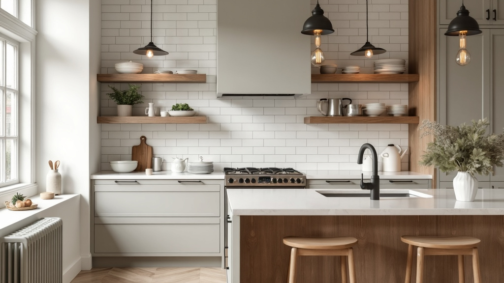 Calm kitchen with soft taupe cabinets, white subway tiles, natural wood accents, and warm lighting.