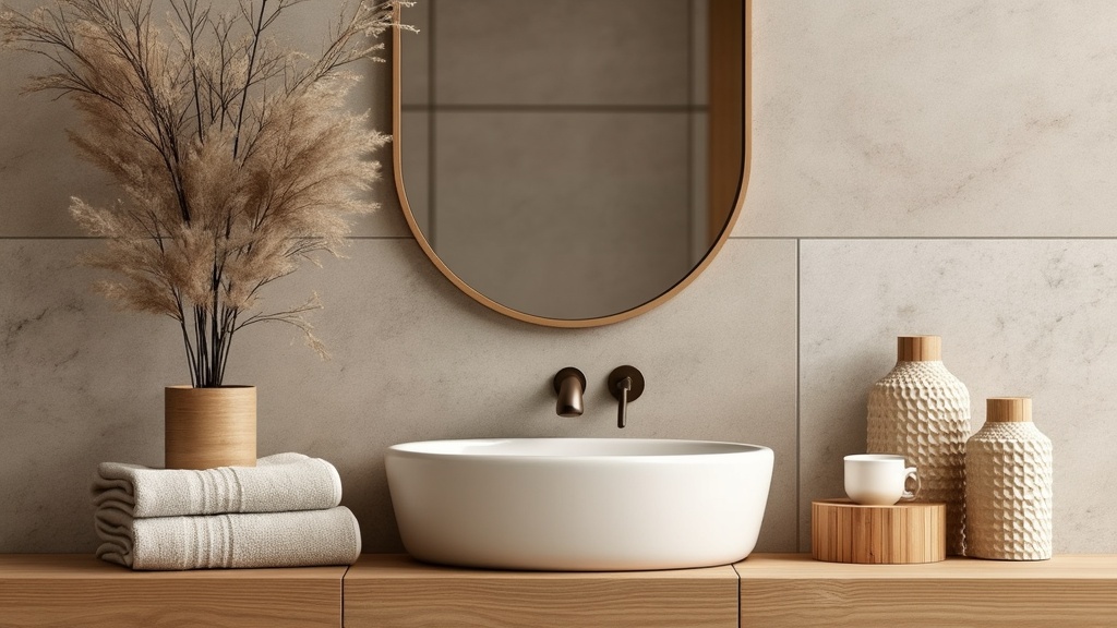 Soft towels, natural wood accents, and textured ceramics create a warm, inviting small bathroom design.