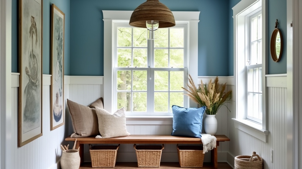 New England entryway with blue and white decor, wood accents, beadboard paneling, and nautical themes.