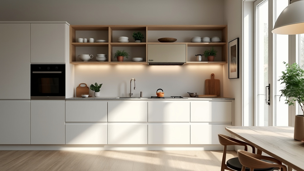 Scandinavian kitchen with white cabinetry, natural wood accents, minimalist appliances, and open shelving.