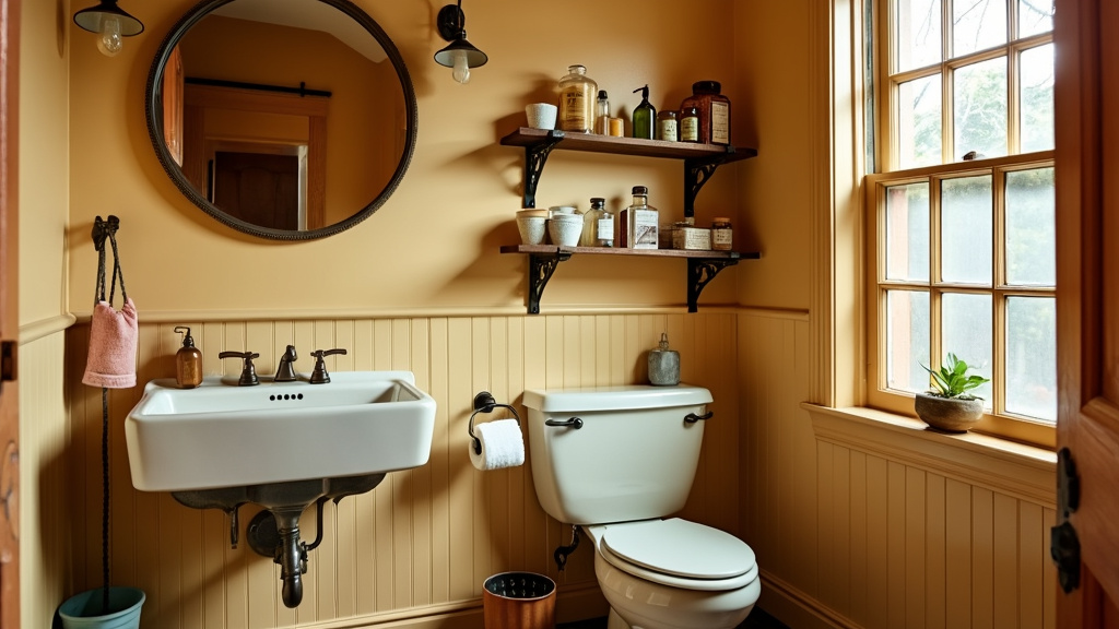 A cozy, nostalgic room with buttery yellow and clay red decor, vintage washbasin, and rustic shelves.