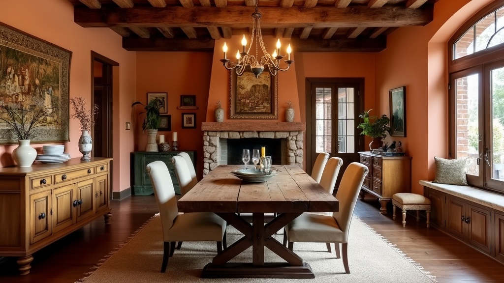 Old-World Rustic Dining Room with wooden table, upholstered chairs, chandelier, tapestries, and beams.