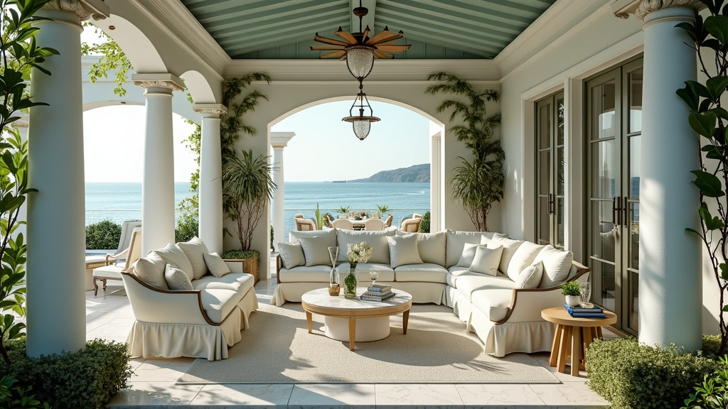 Luxurious Victorian patio in coastal hues of opal and aquamarine with white furnishings and seashell decor.