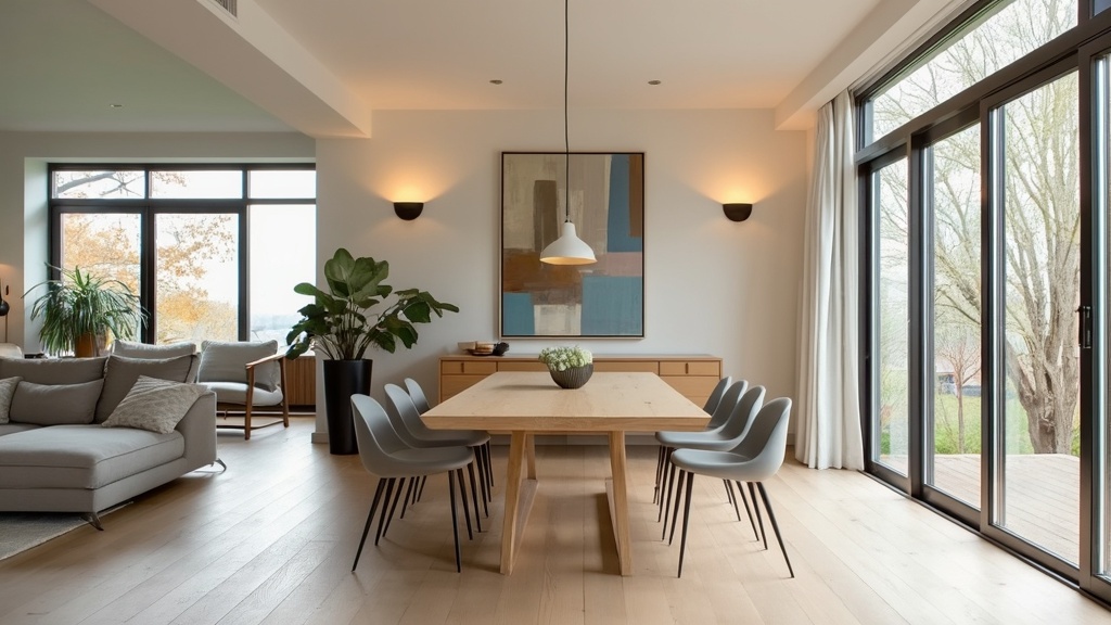 Open concept Mid-Century Modern dining room with light ash table, gray chairs, large windows, and art.