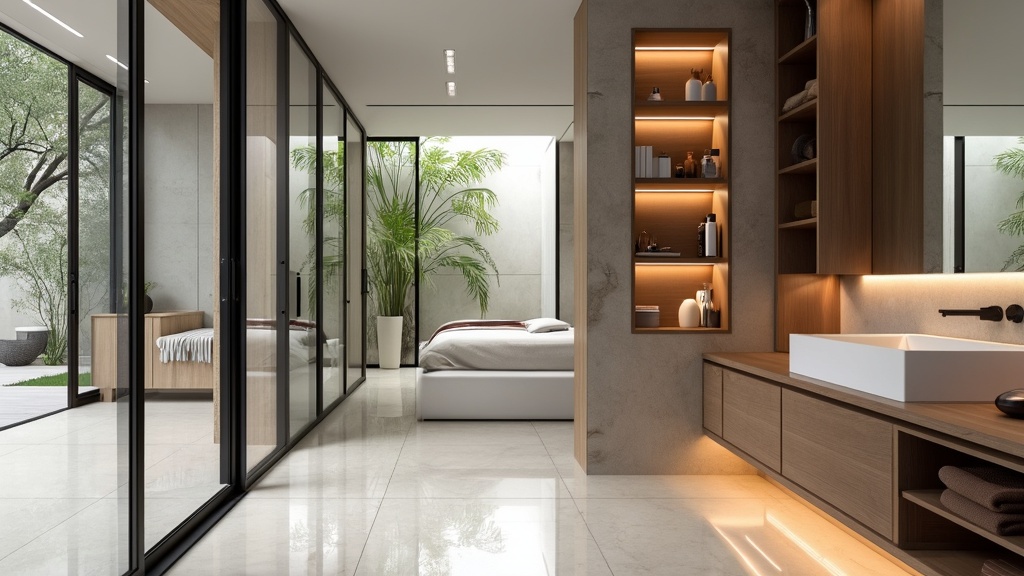 Open concept bathroom design with glass walls, minimalist furniture, and easy access to storage.